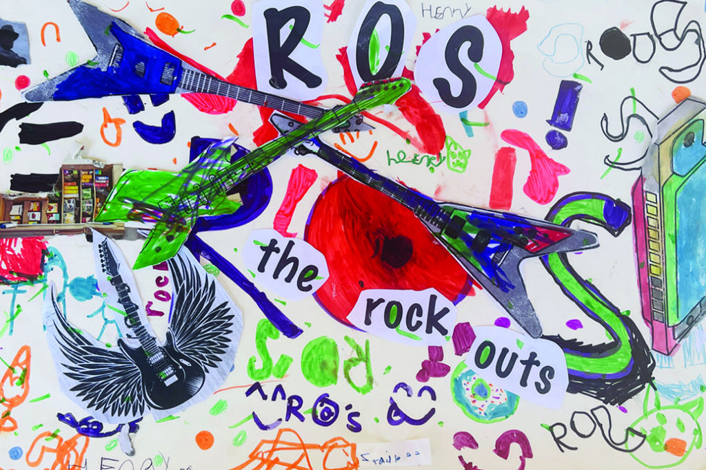 Colorful poster reading ROS the rock outs, with painted electric guitars and a harmonica
