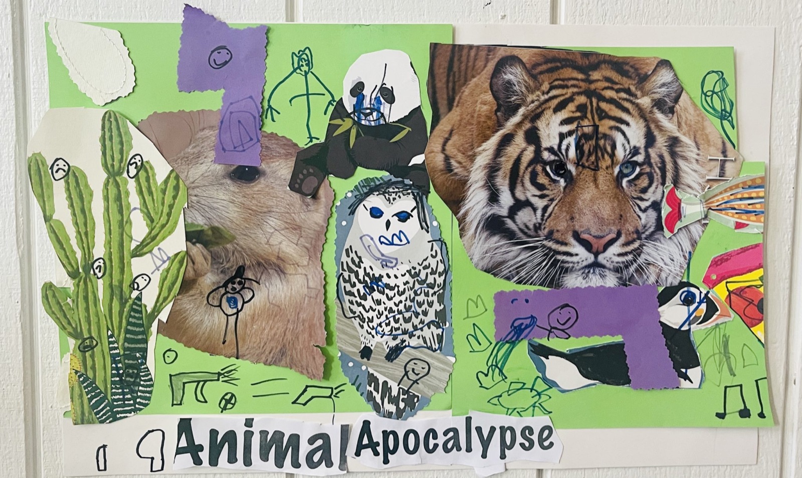 Paper collage titled Animal Apocalypse with a tiger, panda, owl, prairie dog, cactus and puffin
