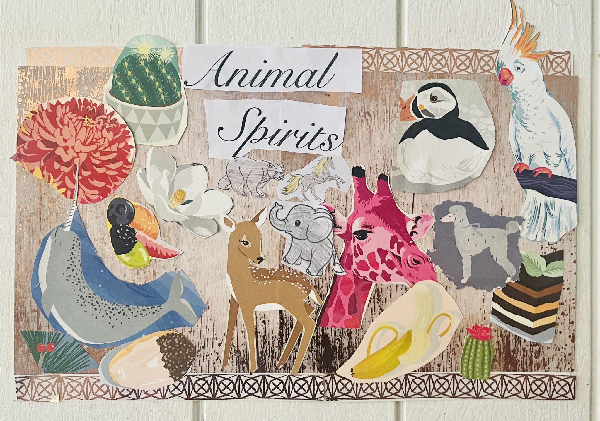Paper collage titled Animal Spirits with a narwhal, deer, giraffe, puffin, cockatoo and flowers