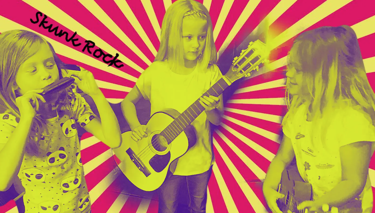Collage of three girls playing harmonica and guitars on a red and yellow sunburst background