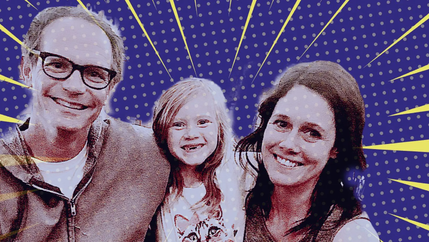 A smiling man, a young girl and a smiling woman together on a blue dotted comic-style background